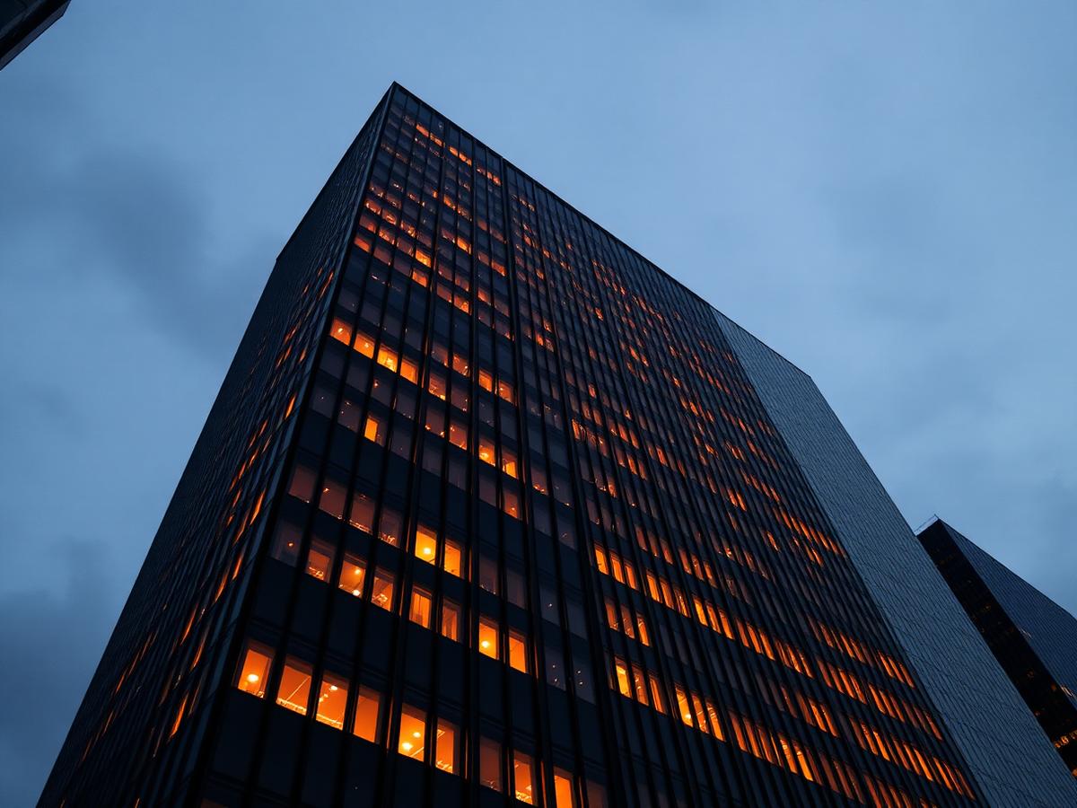 Modern office tower at dusk
